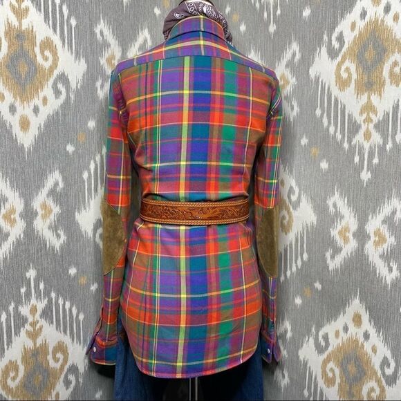 Ralph Lauren Bright Jewel-Tone Check Plaid Cotton Flannel Suede Patch Workshirt - Picture 11 of 16